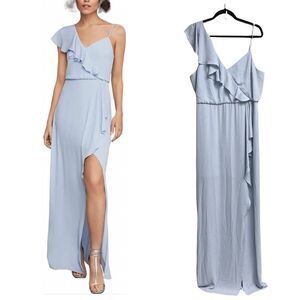 BCBGMAXAZRIA Asymmetrical Ruffle Maxi Dress Blue 16